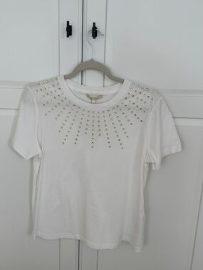 Maje White Short Sleeve Tee with Gold Stud Detailing, new!